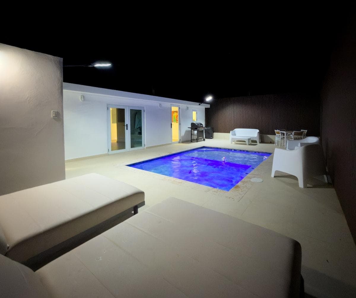 Night view of the pool area