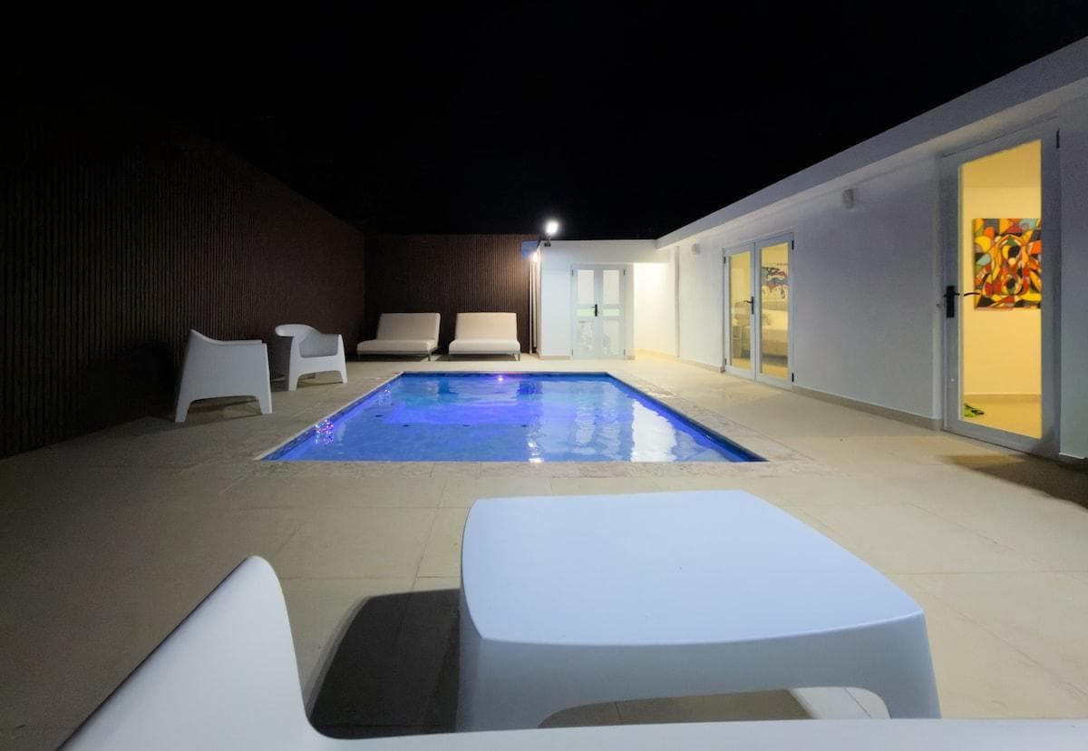 Night view of the pool area